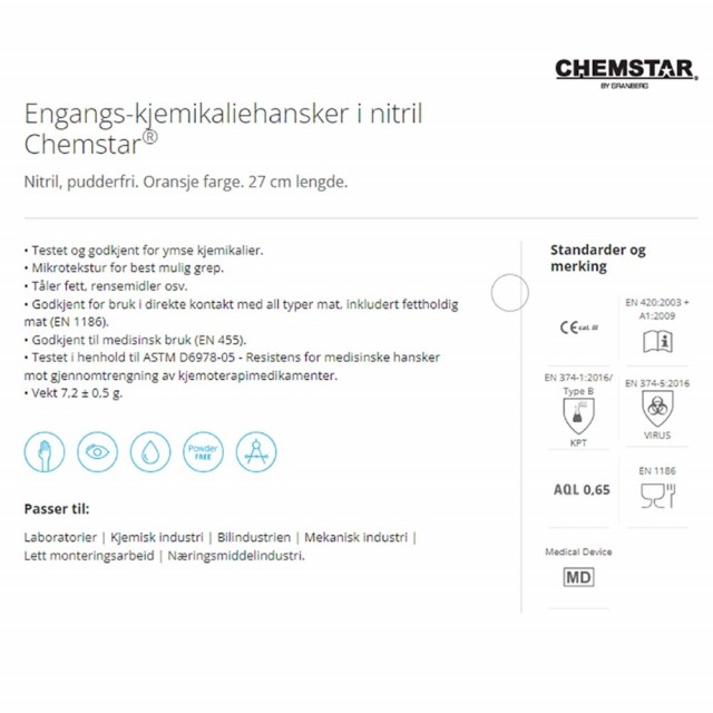 Chemstar® Eng.hanske Nitril, Orange - 100stk/pk