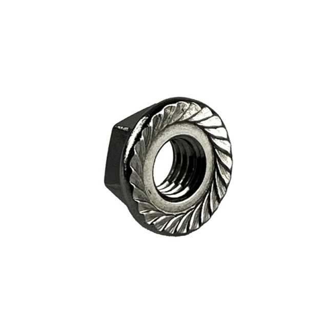 Flensmutter M4 A4 Syrefast DIN 6923 (med låsetenner)